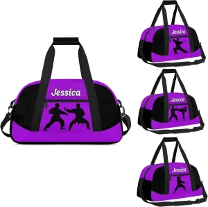 Personalized Kids Gym Bag, Custom Sport Duffel Bag for Boys - Overnight Weekender Bag Carry on Tote for Airplane Swim Travel - Taekwondo Purple