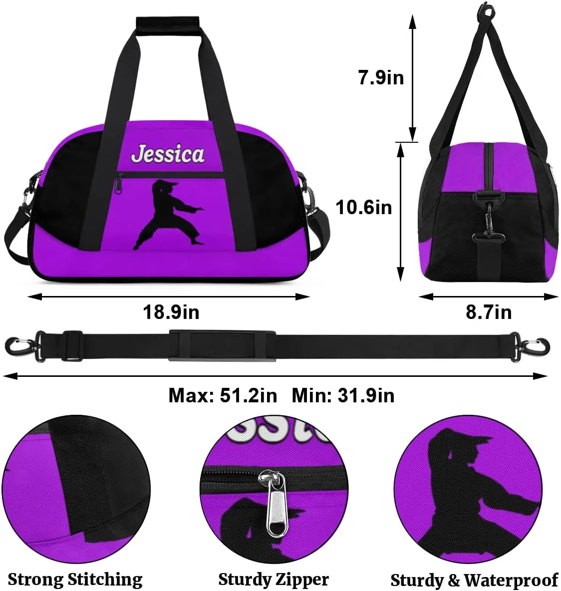 Personalized Kids Gym Bag, Custom Sport Duffel Bag for Boys - Overnight Weekender Bag Carry on Tote for Airplane Swim Travel - Taekwondo Purple