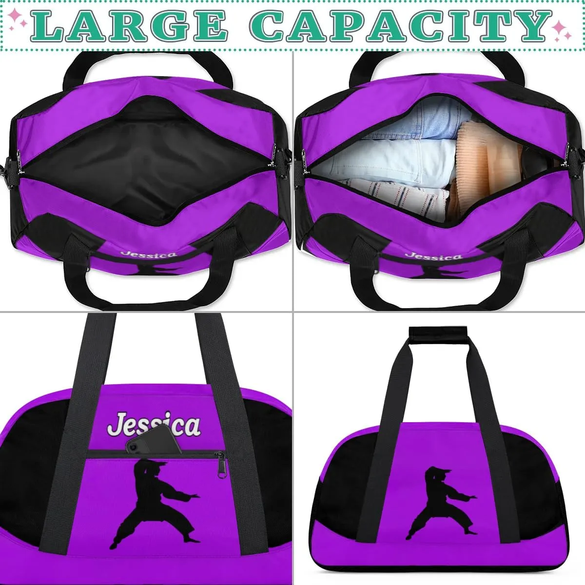 Personalized Kids Gym Bag, Custom Sport Duffel Bag for Boys - Overnight Weekender Bag Carry on Tote for Airplane Swim Travel - Taekwondo Purple