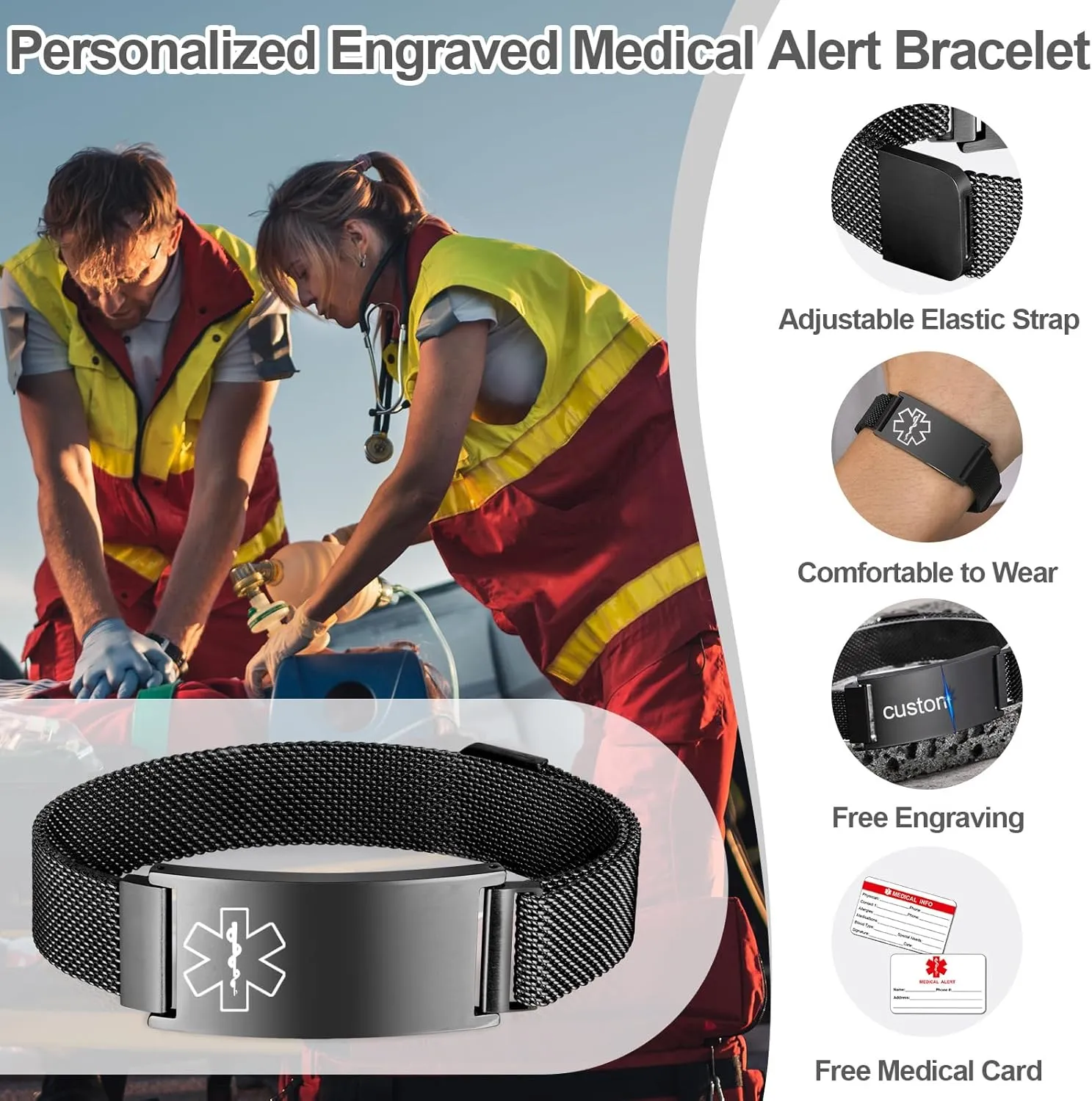 Personalized Medical Bracelet for Women - Free Engraving Customizable Medical ID Bracelets,Waterproof Stainless Steel Adjustable Customized Engraved Wristband,Emergency Medic Alert Bracelet for Men