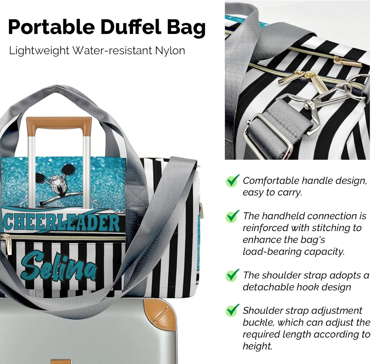 Personalized Name Duffel Bag Cheerleader Girl Sparkly Teal Pom Pom On-the-Go Fitness: Travel Bags Designed for Active Living