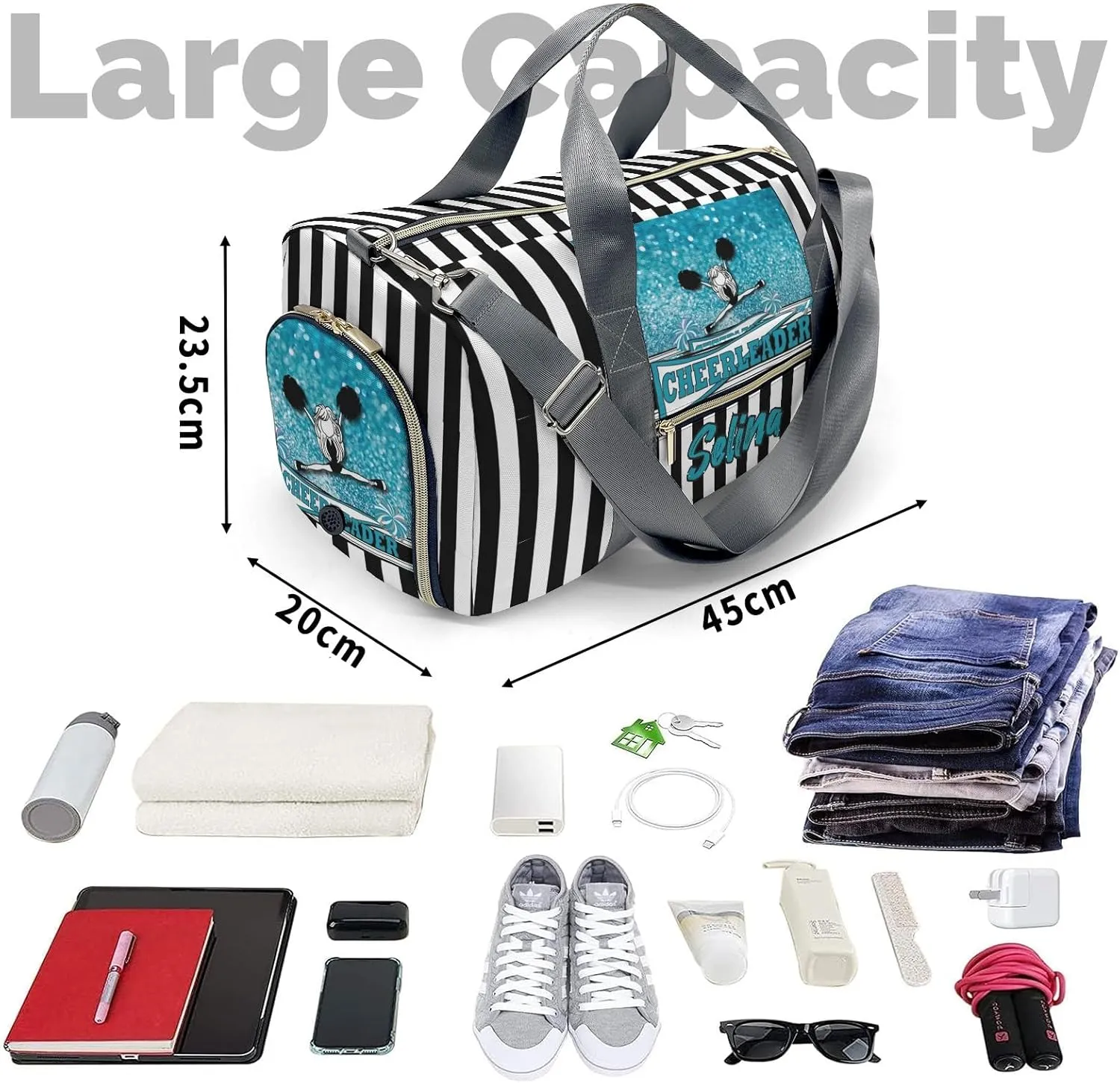 Personalized Name Duffel Bag Cheerleader Girl Sparkly Teal Pom Pom On-the-Go Fitness: Travel Bags Designed for Active Living