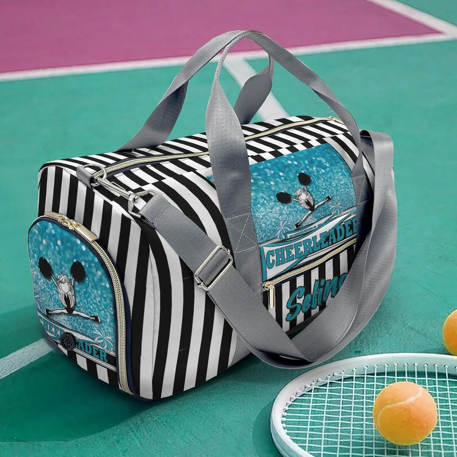 Personalized Name Duffel Bag Cheerleader Girl Sparkly Teal Pom Pom On-the-Go Fitness: Travel Bags Designed for Active Living