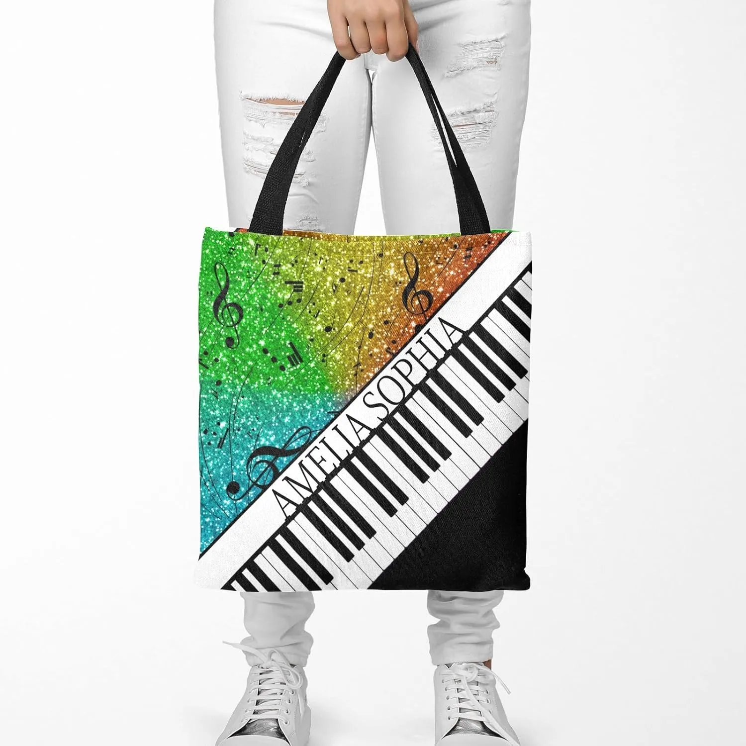 Personalized Name Ocean Glitter Music Note Piano Handbag Gift Bags Christmas Treat Bags for Holiday Party Gift Bags