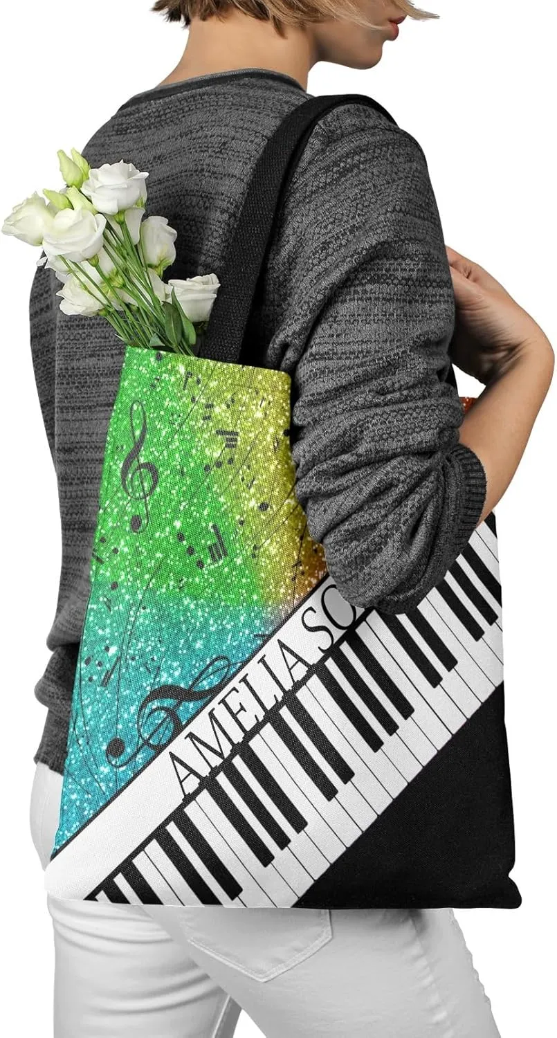 Personalized Name Ocean Glitter Music Note Piano Handbag Gift Bags Christmas Treat Bags for Holiday Party Gift Bags