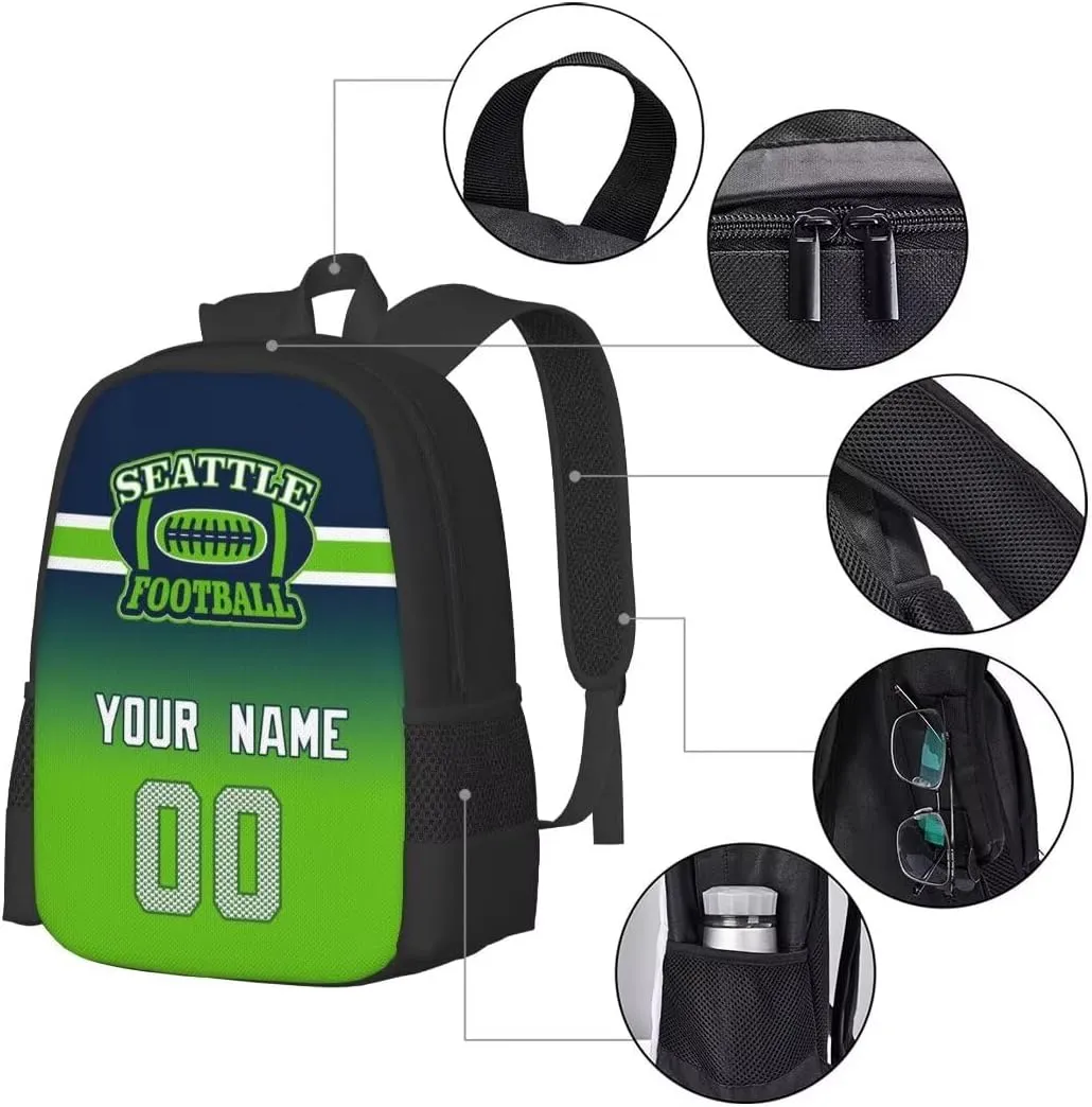 Personalized Seattle Large Capacity Shoulder Bag Custom, Custom Personalized Name and Number Football Sports Backpack Travel Bag Computer Bag Fan Presents