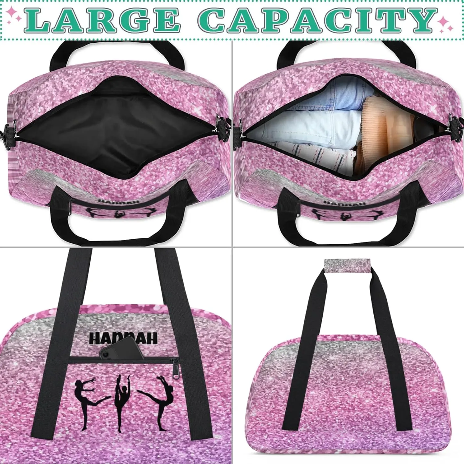 Personalized Sports Gym Bag, Custom Name Dance Weekender Bags Carry On Overnight Travel Duffel Bag, Plum Pink Sparkly Sequins Picture Printed
