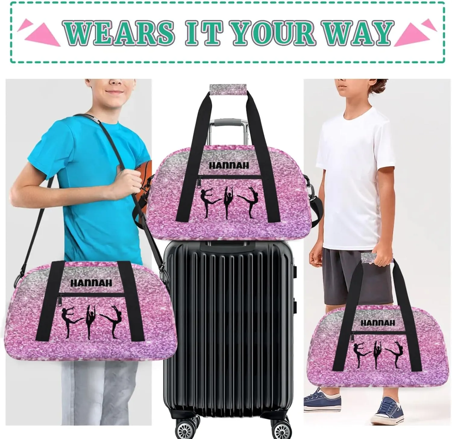 Personalized Sports Gym Bag, Custom Name Dance Weekender Bags Carry On Overnight Travel Duffel Bag, Plum Pink Sparkly Sequins Picture Printed