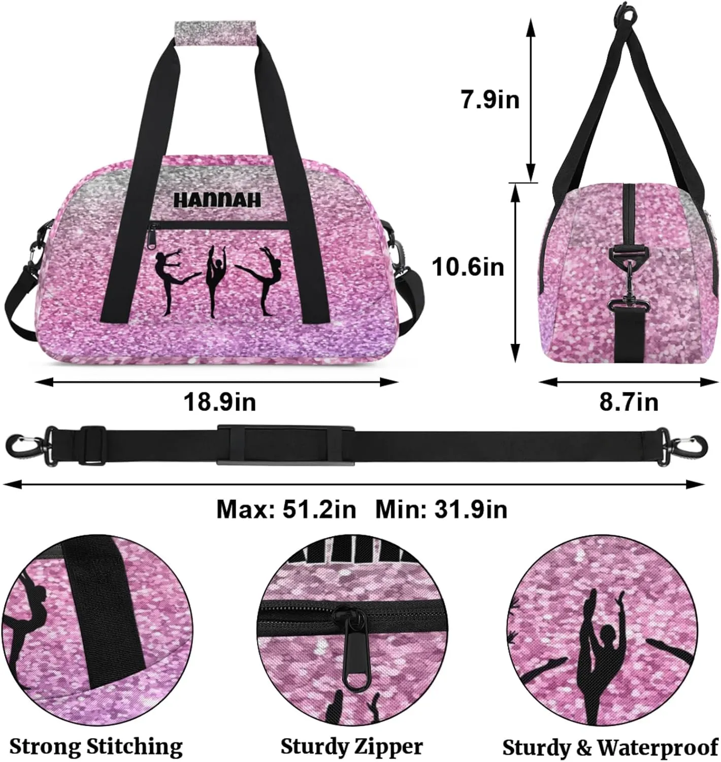 Personalized Sports Gym Bag, Custom Name Dance Weekender Bags Carry On Overnight Travel Duffel Bag, Plum Pink Sparkly Sequins Picture Printed