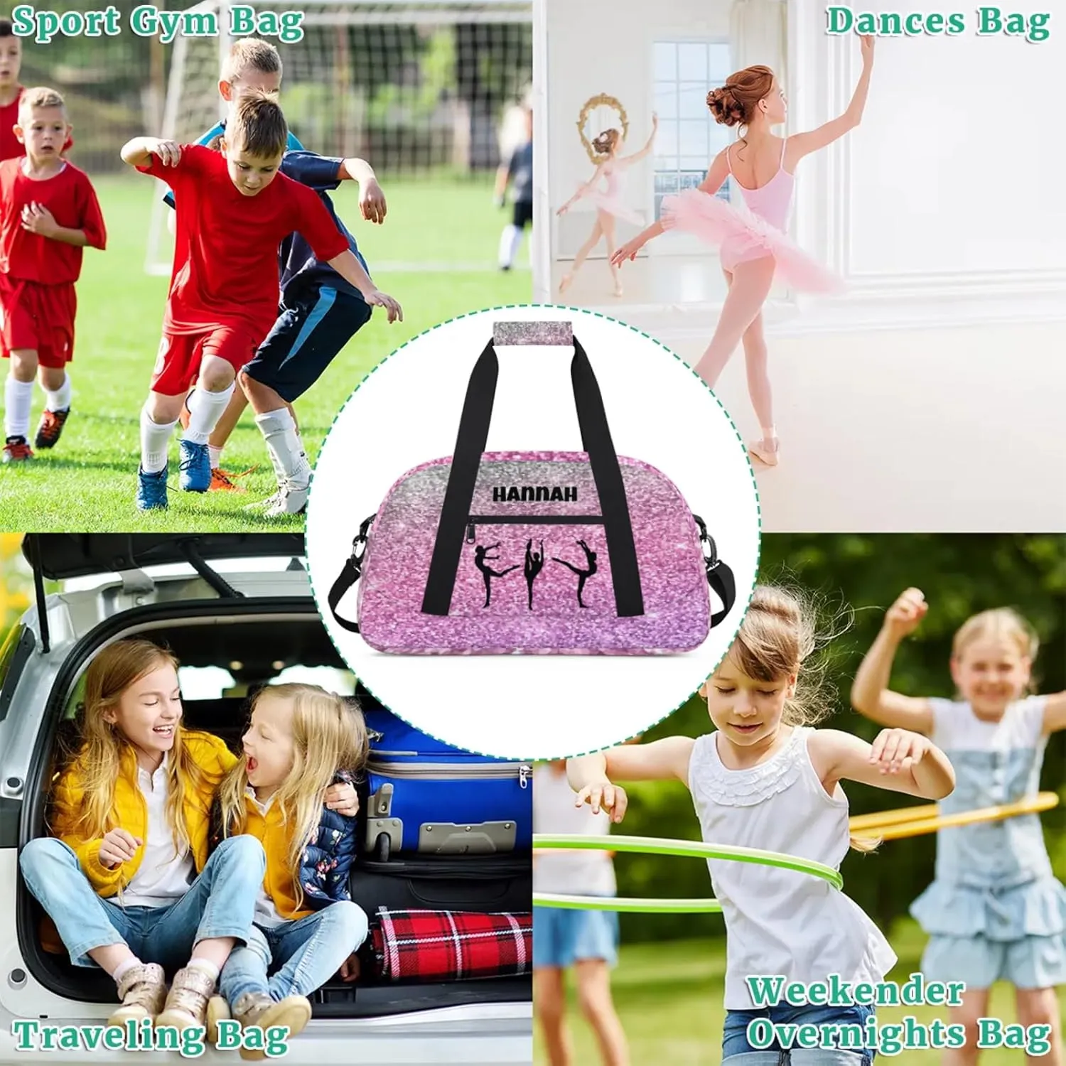 Personalized Sports Gym Bag, Custom Name Dance Weekender Bags Carry On Overnight Travel Duffel Bag, Plum Pink Sparkly Sequins Picture Printed