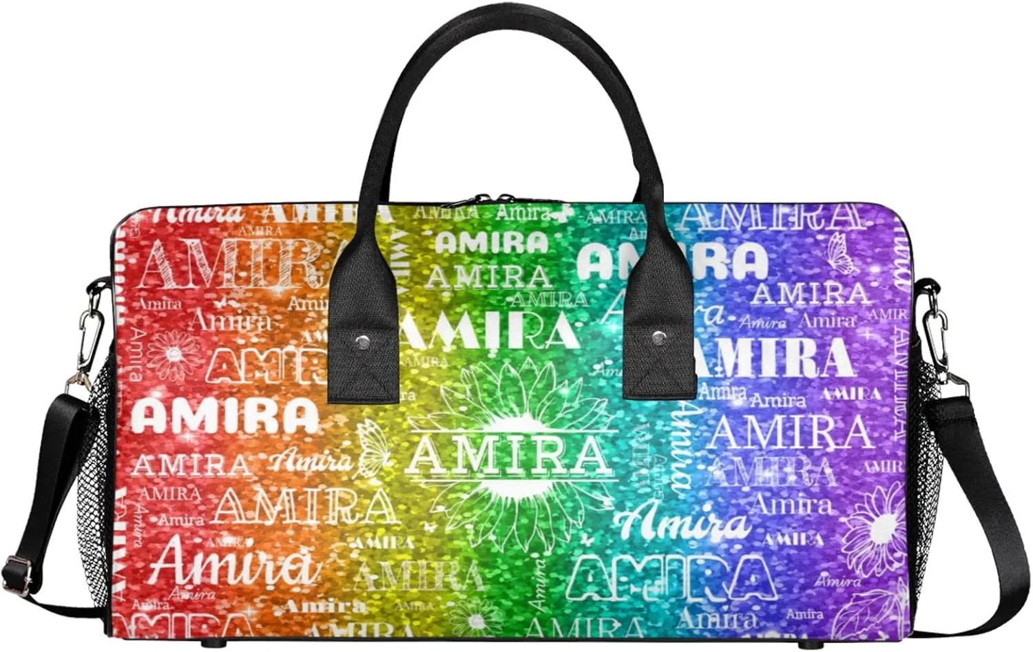 Personalized Sports Gym Bag Teens, Custom Name Sport Gear Fitness Duffle Gym Bag Travel Weekender Lightweight Bags, Sparkly Glittering Red Green Colorful