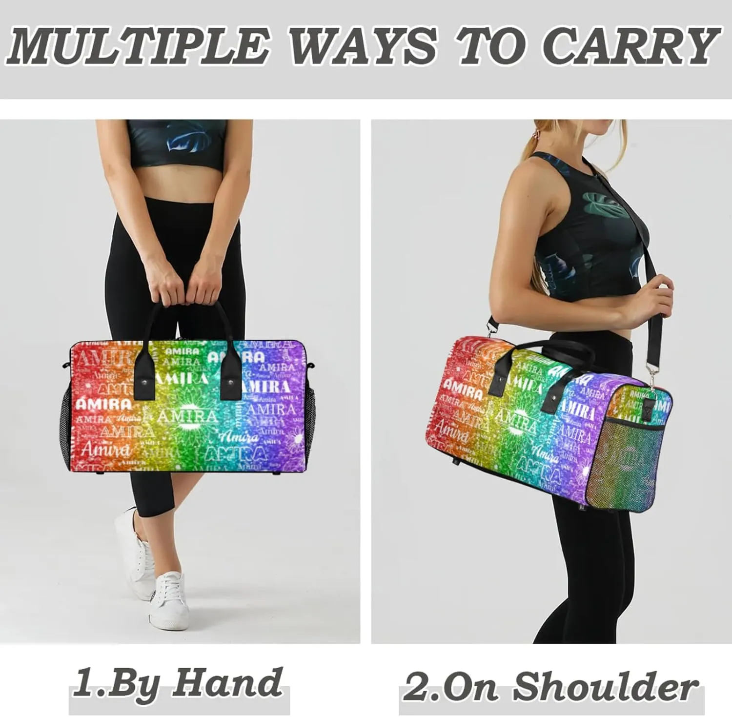 Personalized Sports Gym Bag Teens, Custom Name Sport Gear Fitness Duffle Gym Bag Travel Weekender Lightweight Bags, Sparkly Glittering Red Green Colorful