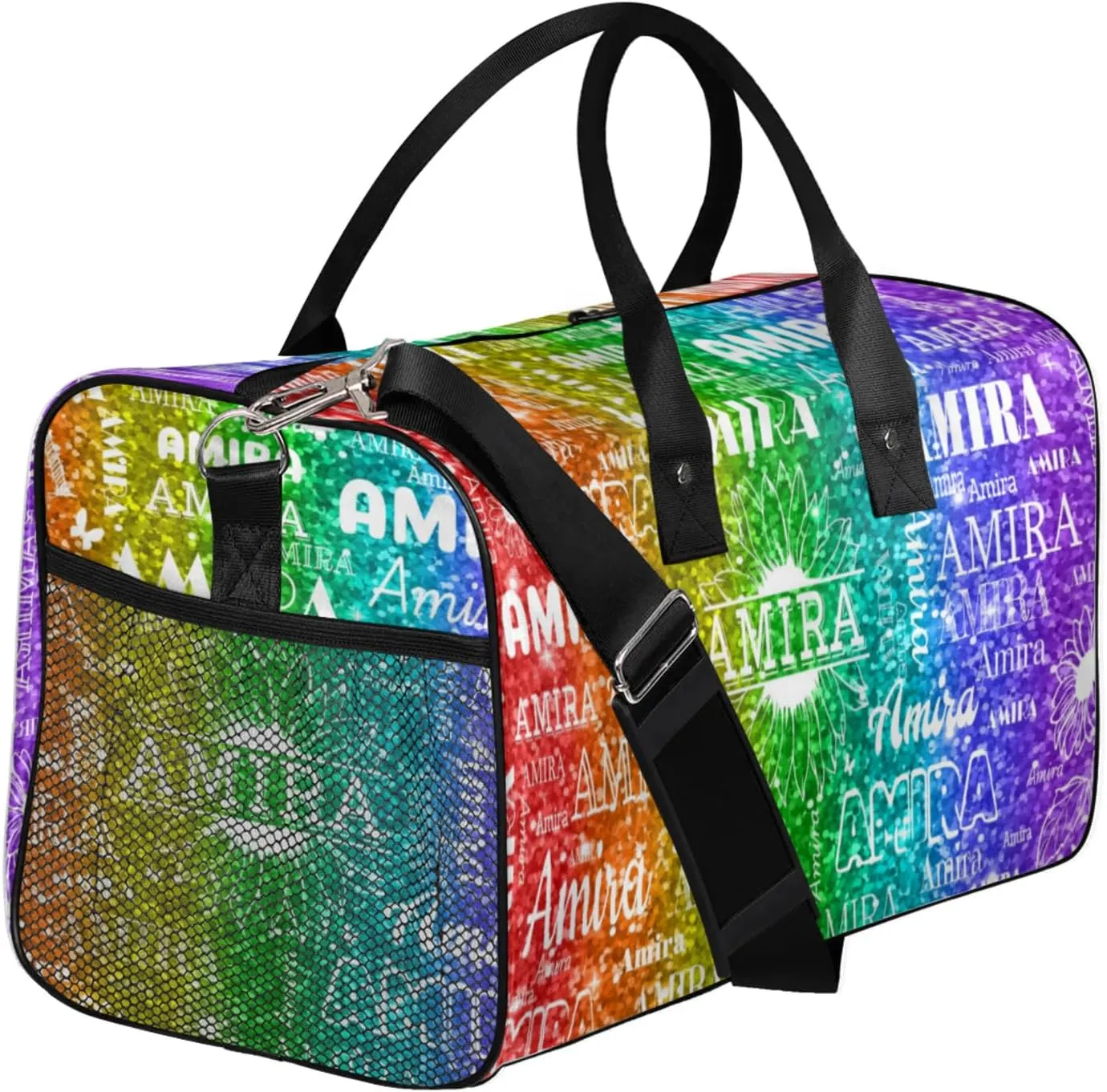 Personalized Sports Gym Bag Teens, Custom Name Sport Gear Fitness Duffle Gym Bag Travel Weekender Lightweight Bags, Sparkly Glittering Red Green Colorful
