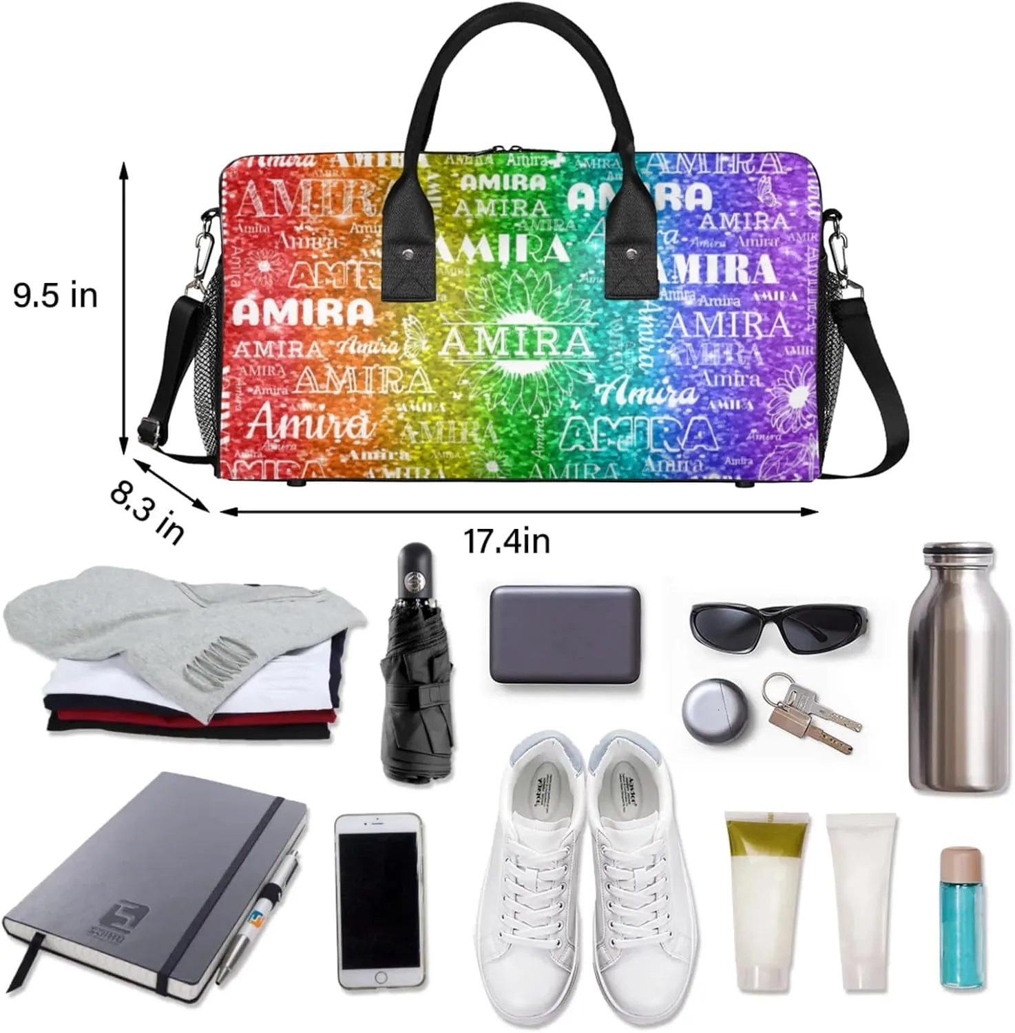 Personalized Sports Gym Bag Teens, Custom Name Sport Gear Fitness Duffle Gym Bag Travel Weekender Lightweight Bags, Sparkly Glittering Red Green Colorful