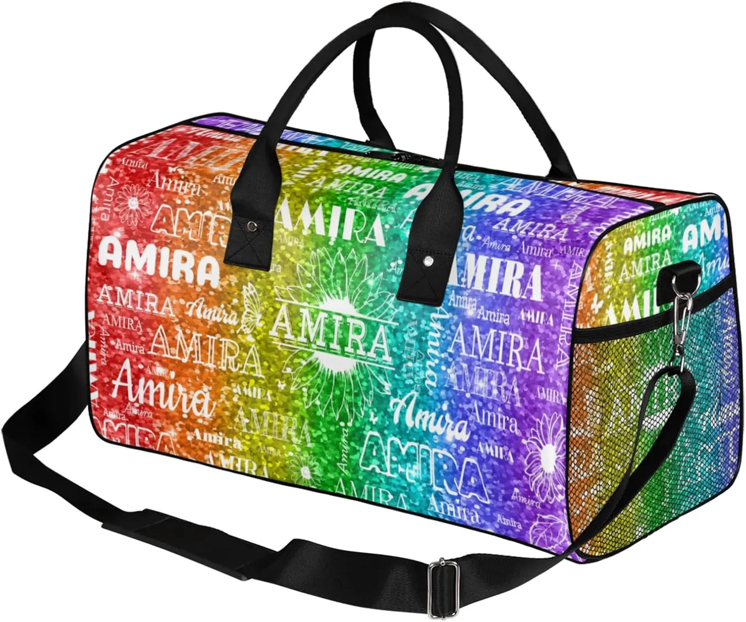 Personalized Sports Gym Bag Teens, Custom Name Sport Gear Fitness Duffle Gym Bag Travel Weekender Lightweight Bags, Sparkly Glittering Red Green Colorful