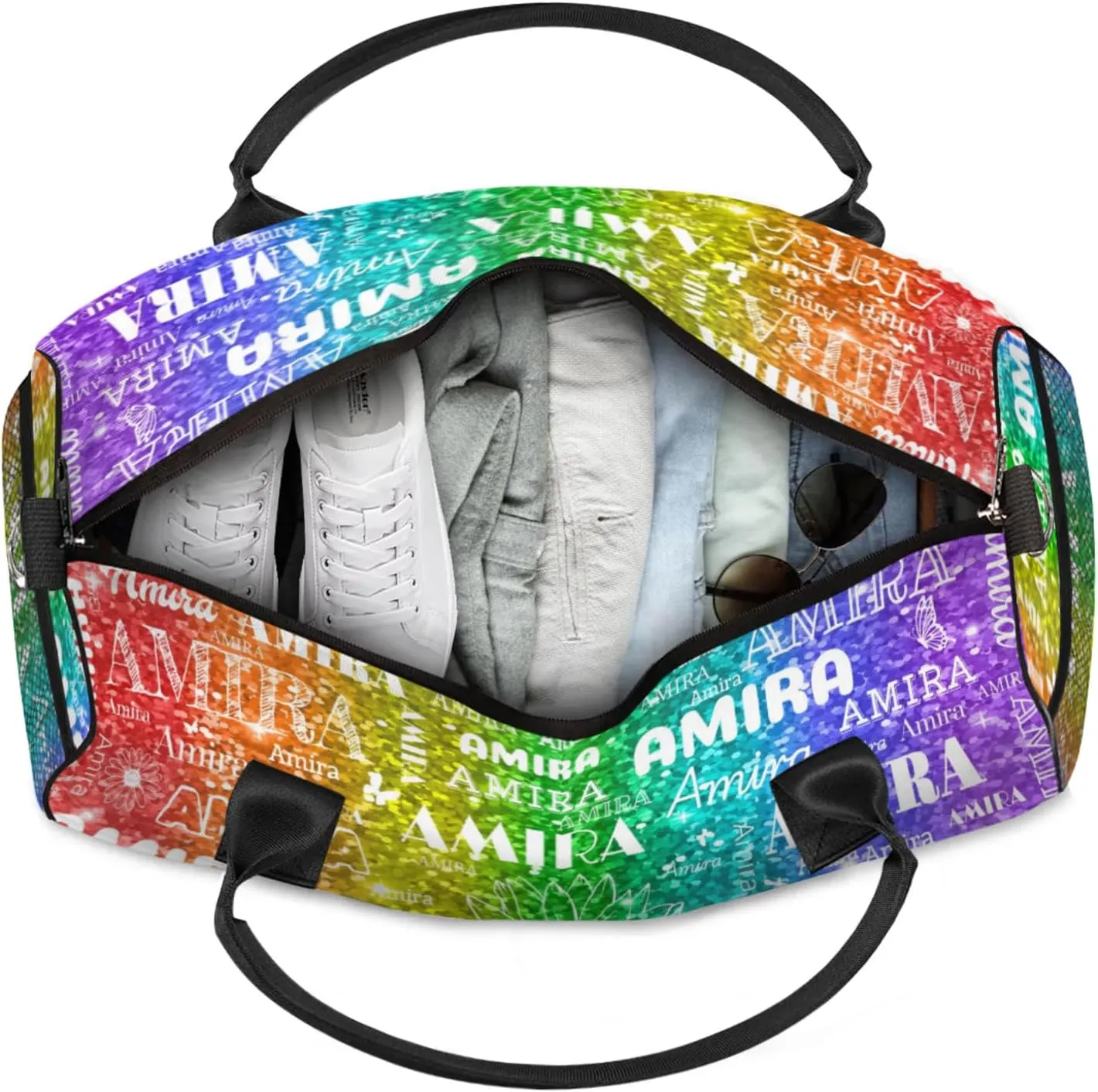 Personalized Sports Gym Bag Teens, Custom Name Sport Gear Fitness Duffle Gym Bag Travel Weekender Lightweight Bags, Sparkly Glittering Red Green Colorful