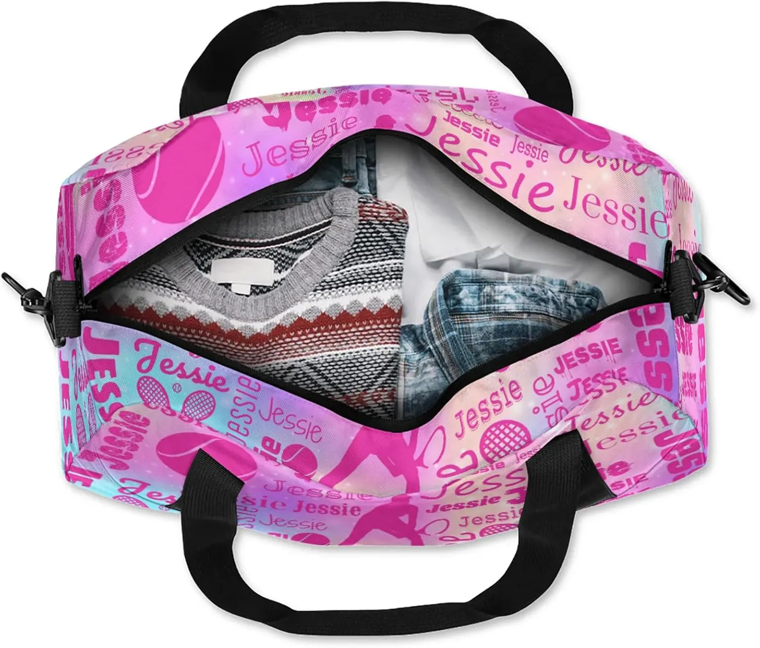 Personalized Tennis Sport Duffel Bag Custom Sports Bag Travel Overnight Shoulder Bags Customized Gifts for Women Men, Rainbow Sparkly