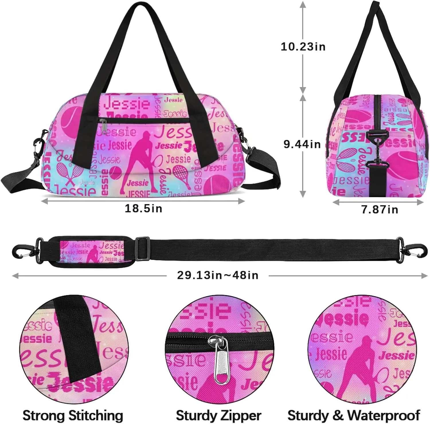 Personalized Tennis Sport Duffel Bag Custom Sports Bag Travel Overnight Shoulder Bags Customized Gifts for Women Men, Rainbow Sparkly