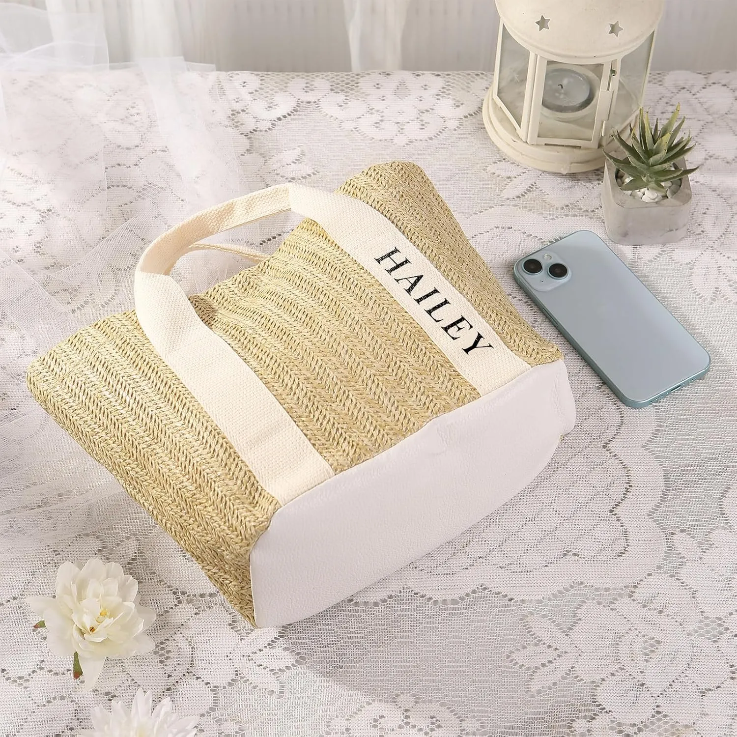 Personalized Tote Bag with Name – Custom Straw Bag for Women – Reusable Shopping Bag, Bridesmaid Gifts