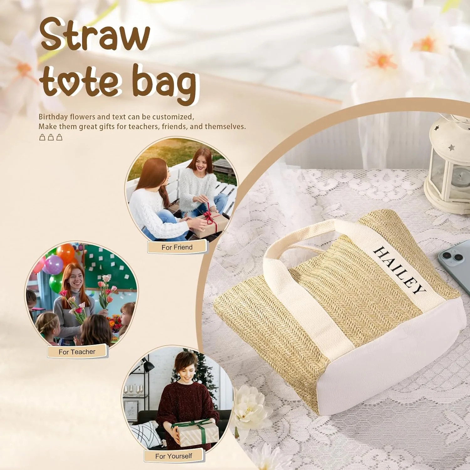 Personalized Tote Bag with Name – Custom Straw Bag for Women – Reusable Shopping Bag, Bridesmaid Gifts