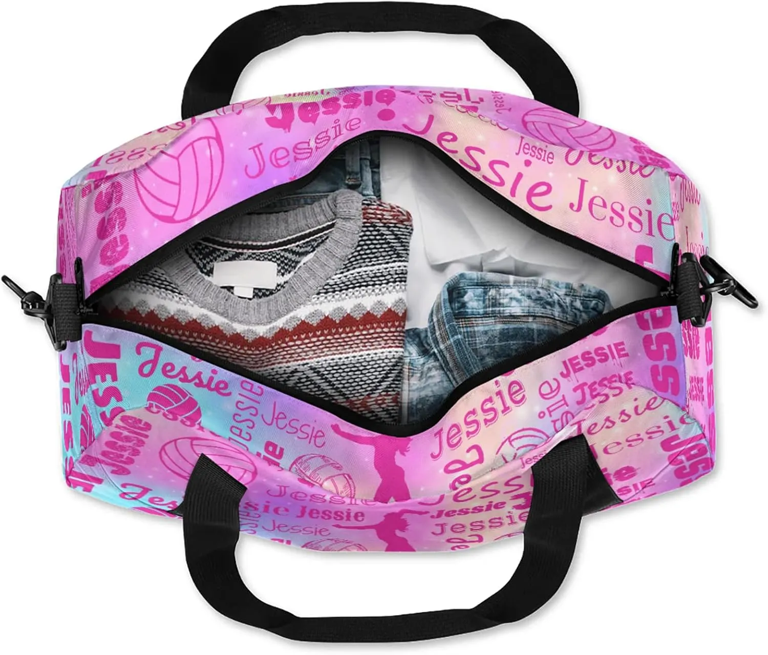 Personalized Volleyball Sport Duffel Bag Custom Sports Bag Travel Overnight Shoulder Bags Customized Gifts for Women Men, Rainbow Sparkly