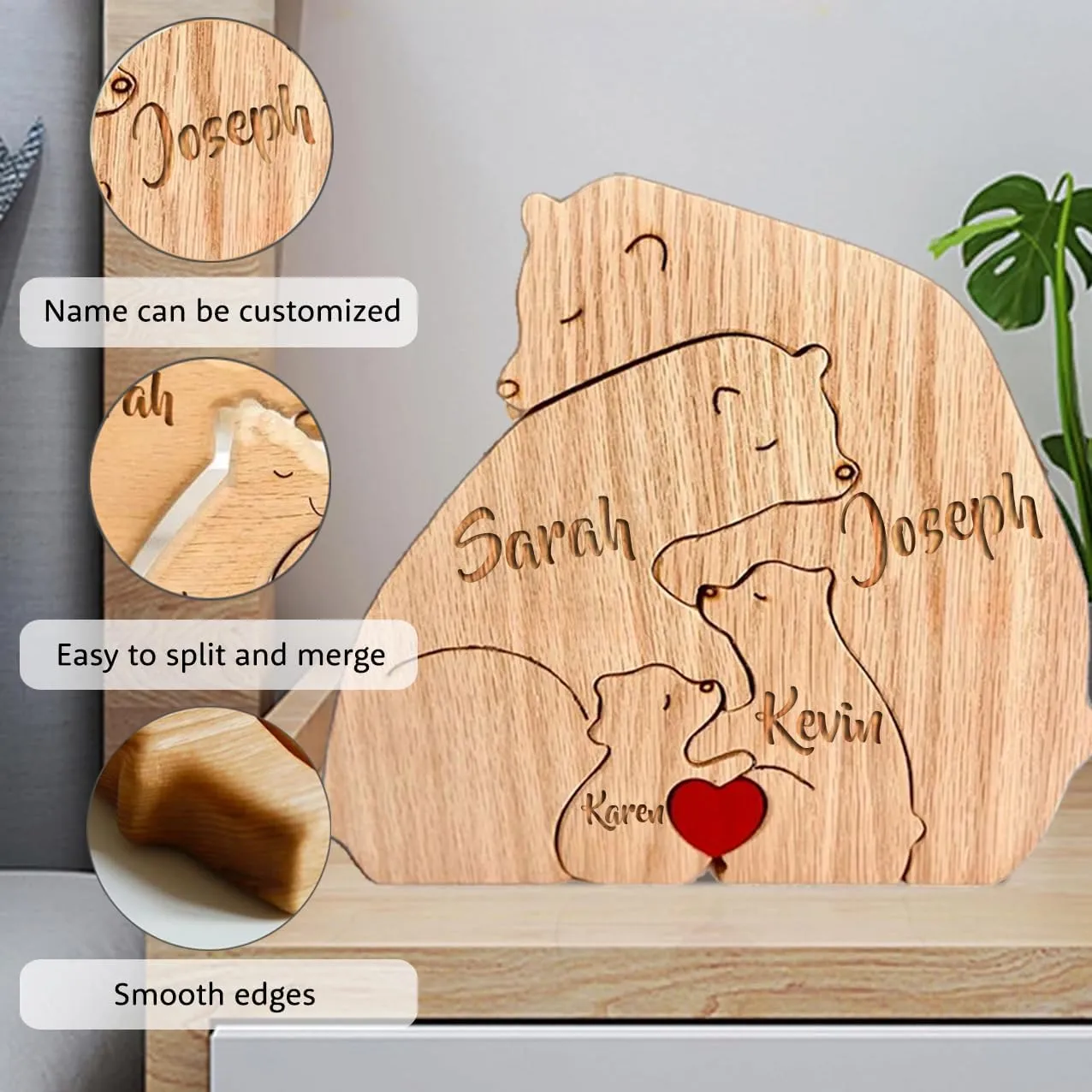 Personalized Wooden Bears Family Bear Puzzle Puzzle Gifts with Name, Ideal Gift for Mother's Day Father’s Day Christmas, Unique Decor Gift for Mom and Dad