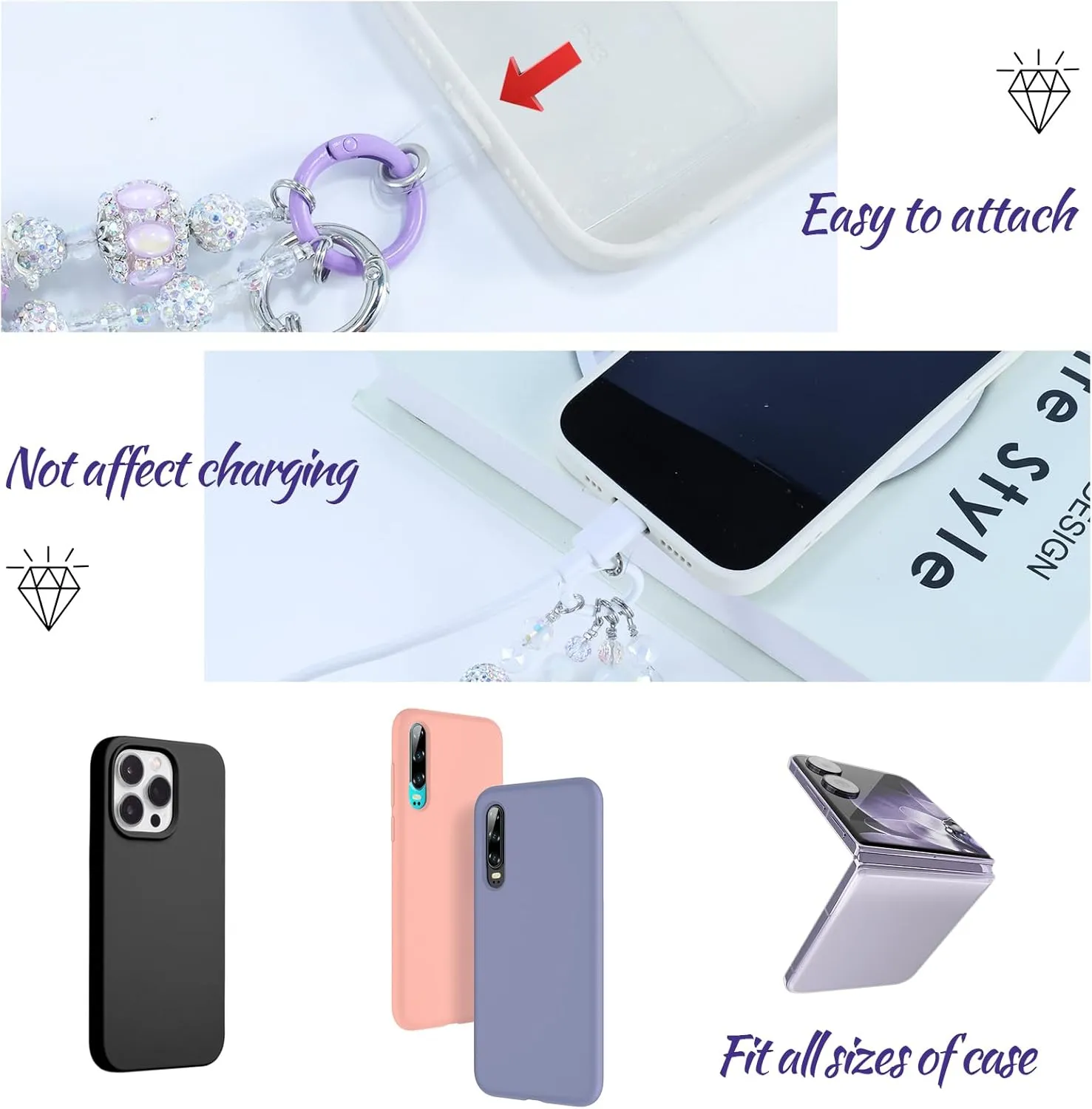 Phone Charm with Crystal Beads, Hands-free Wrist Strap for Most Phone Case, Anti-lost Keychain, Cute Bag Charms