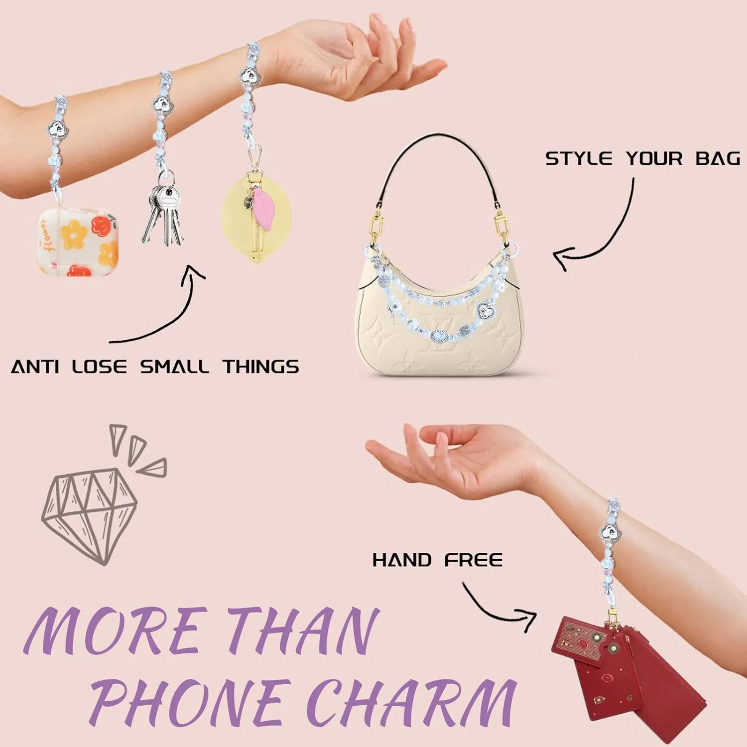 Phone Charm with Crystal Beads, Hands-free Wrist Strap for Most Phone Case, Anti-lost Keychain, Cute Bag Charms