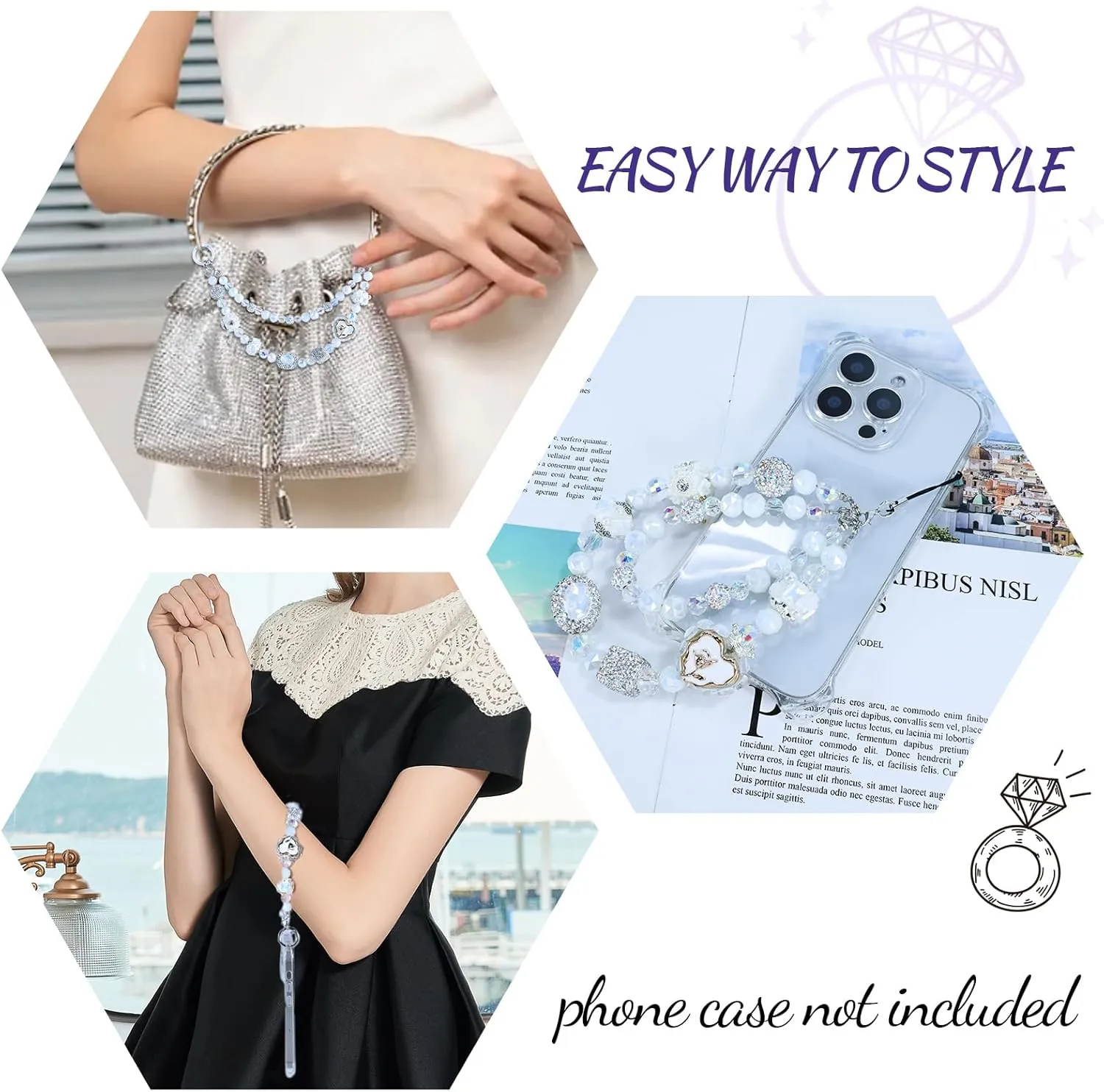 Phone Charm with Crystal Beads, Hands-free Wrist Strap for Most Phone Case, Anti-lost Keychain, Cute Bag Charms
