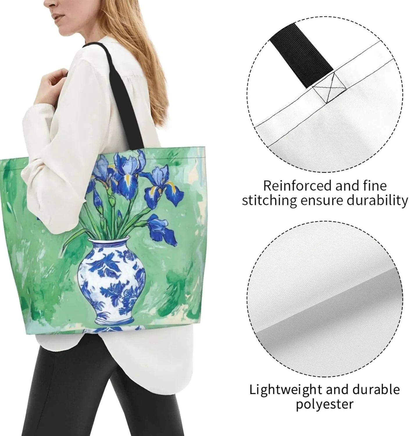 pink flowers print Reusable Shoulder Bags Large Casual Tote Bag Shopping Grocery grocery bag