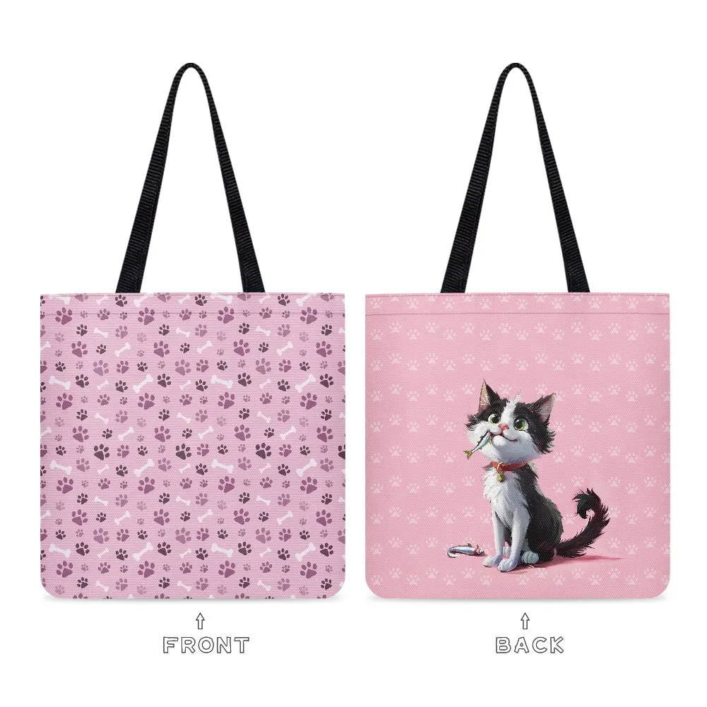 Pink Paw Print and Bone Pattern Design Cloth Tote Bag