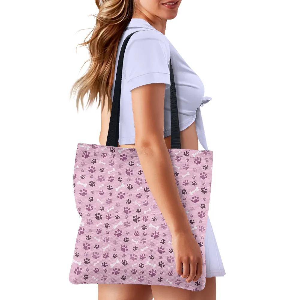 Pink Paw Print and Bone Pattern Design Cloth Tote Bag