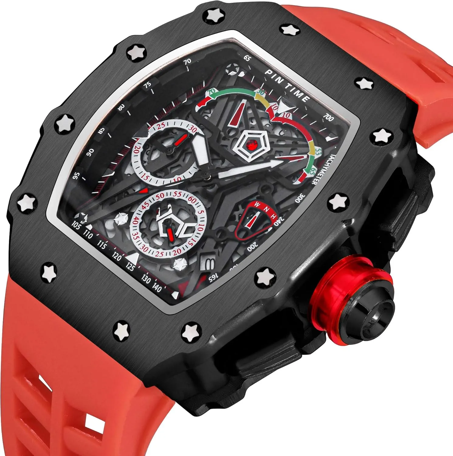 PINTIME Fashion Mens Watch Hallow Punk Chronograph Sports Wristwatch Luxury Designer Mens Watch