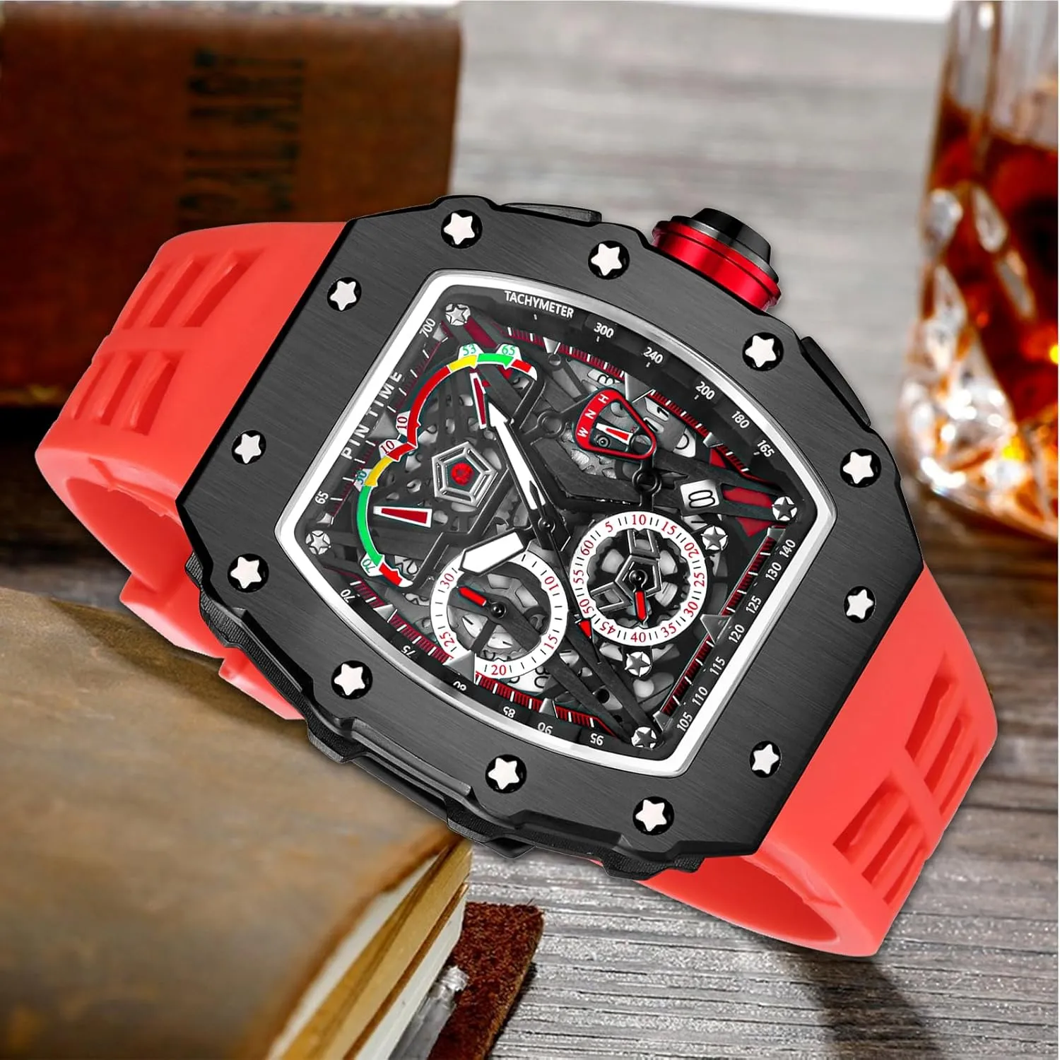 PINTIME Fashion Mens Watch Hallow Punk Chronograph Sports Wristwatch Luxury Designer Mens Watch