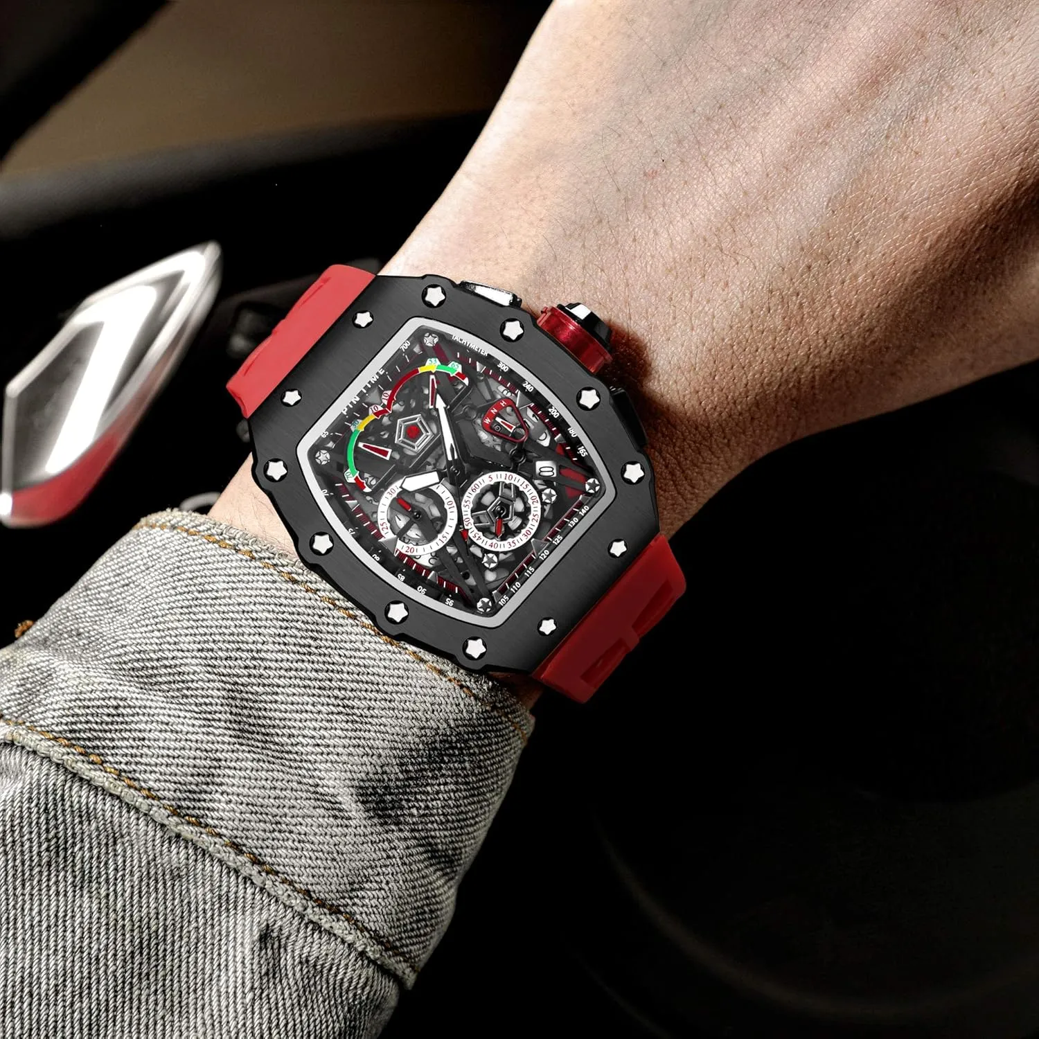 PINTIME Fashion Mens Watch Hallow Punk Chronograph Sports Wristwatch Luxury Designer Mens Watch