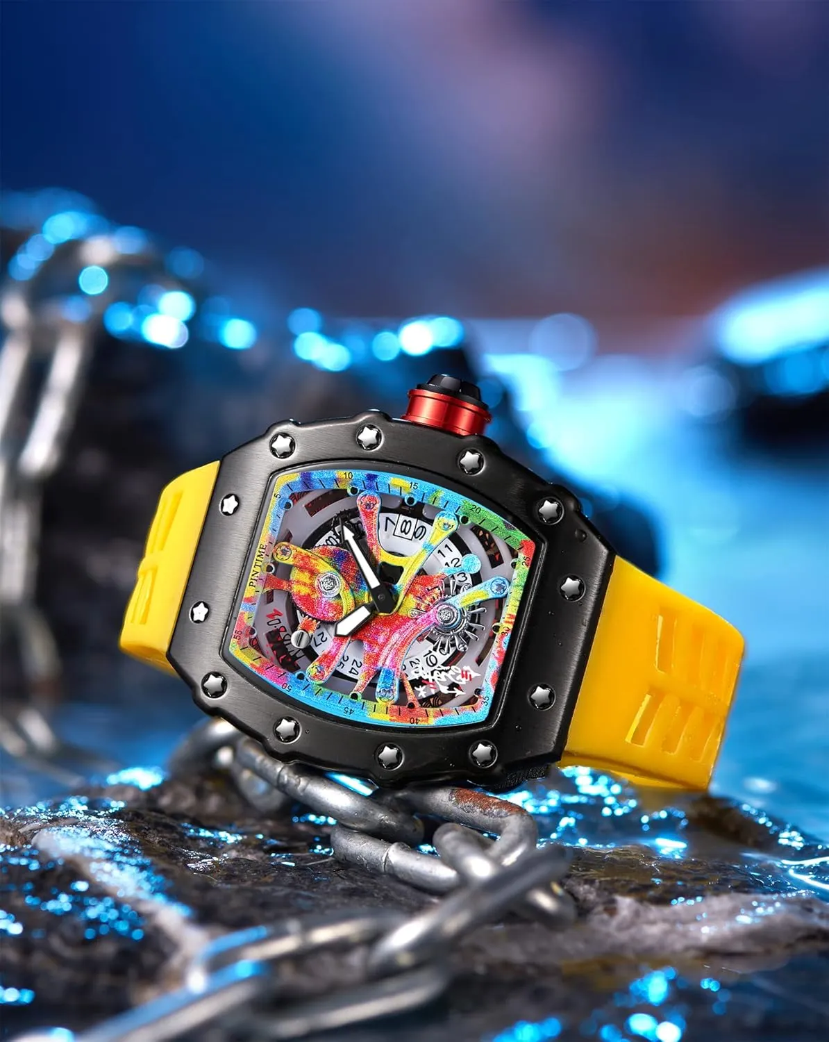 PINTIME Mens Luxury Tonneau Fashion Hallow Punk Graffiti Art Dial Hip-hop Unique Sports Wrist Watch Japanese Movement Luminous Design with Silicone Band