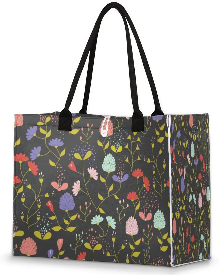Plant Flowers Pattern Tote Bag for Women Large Beach Bag Reusable Grocery Bags Tote Bag for Work Shopping Travel Beach