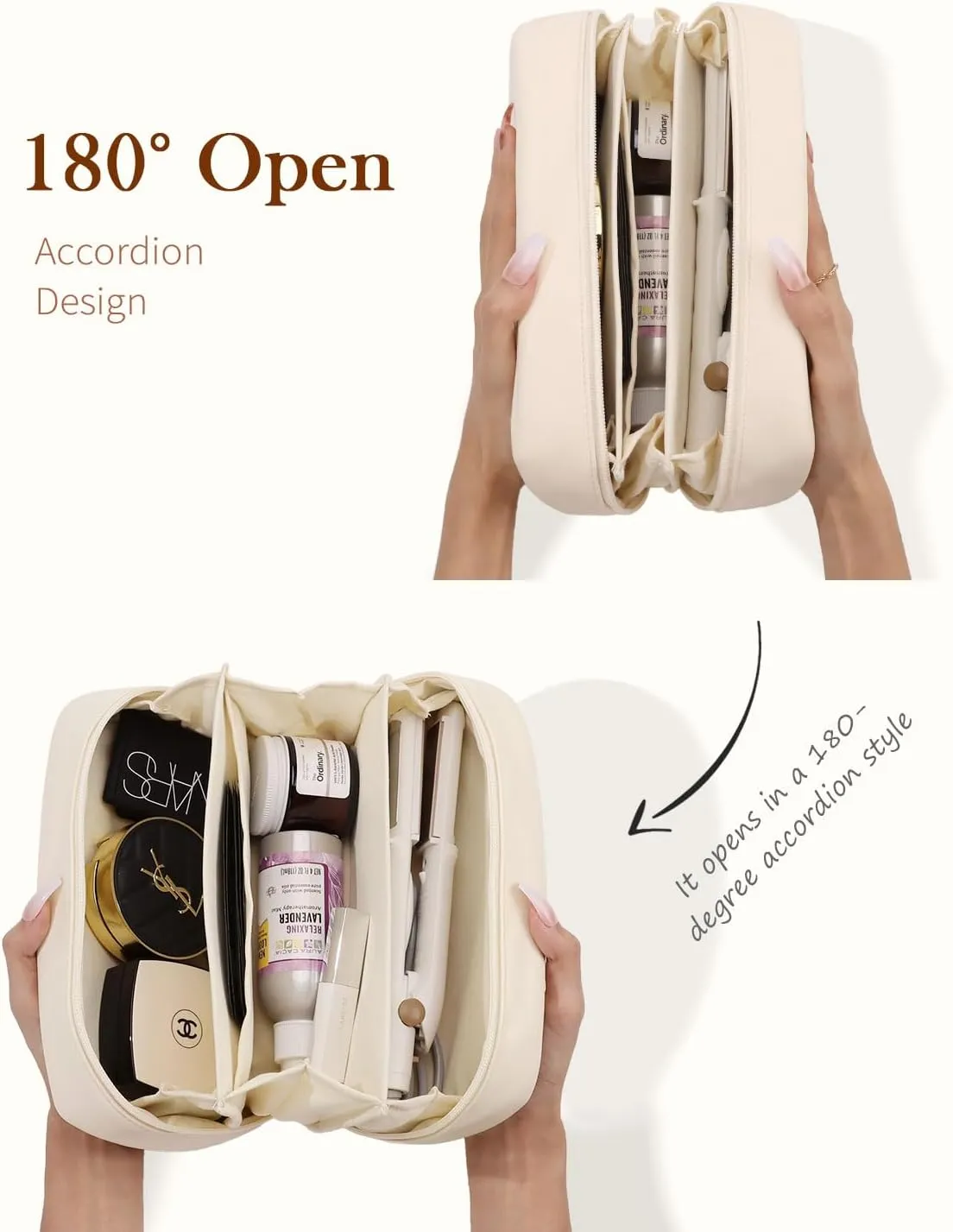Pocmimut Christmas Gifts, Makeup Bag Travel Accessories for Women,Open Flat Make Pouch Christmas Birthday Gifts for Mom and Lover,Beige