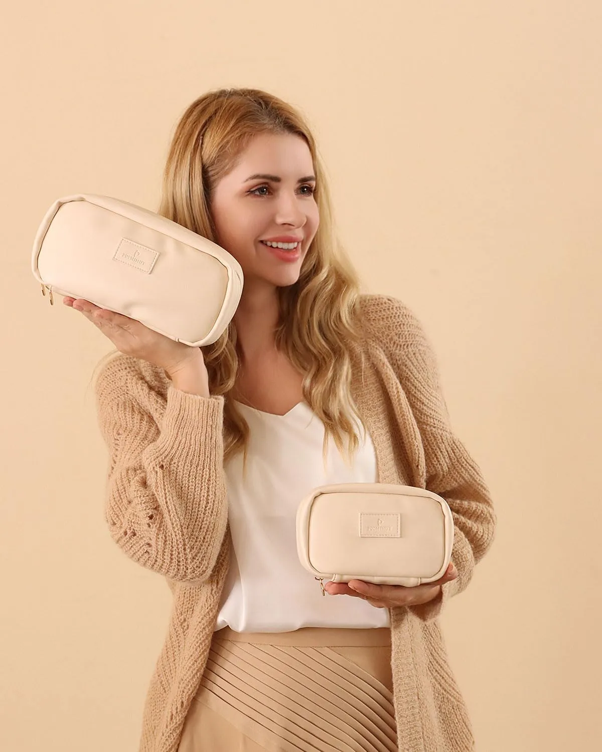 Pocmimut Christmas Gifts, Makeup Bag Travel Accessories for Women,Open Flat Make Pouch Christmas Birthday Gifts for Mom and Lover,Beige