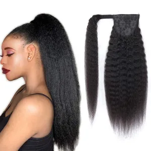 Ponytail Human Hair Extension Magic Paste Kinky Straight Human Hair Ponytail for Women 1B Natural Black Color Brazilian Virgin Human Hair Yaki Ponytail Remy Hair Extensions (18 Inch, 125g)