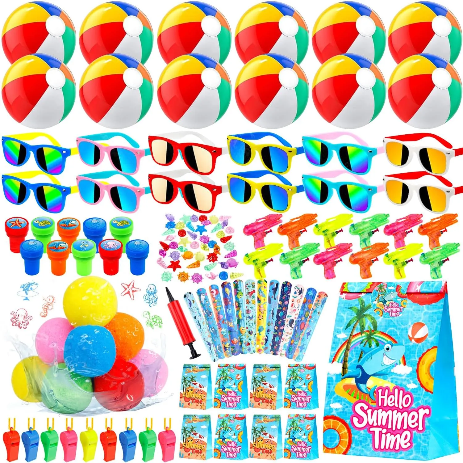 Pool Party Favors and Beach Party Favors, 132PCs Summer Toys Bulk for Kids with Beach Balls, Sunglasses, Water Balls, Stamps, More for End of Year Gifts for Students