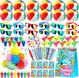 Pool Party Favors and Beach Party Favors, 132PCs Summer Toys Bulk for Kids with Beach Balls, Sunglasses, Water Balls, Stamps, More for End of Year Gifts for Students