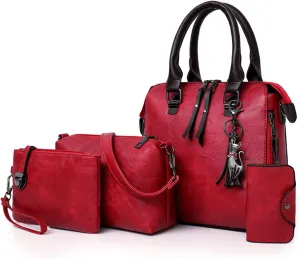 PORRASSO Women Handbag Purse 4Pcs Vintage Shoulder Bag PU Leather Crossbody Clutch Bag for School Work Travel Red