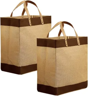 Preferred Nation Kona Jute Tote (Set of 2), Burlap with Leather Handles, Extra Wide for Grocery, Shopping, Beach, Outting Tote, Eco Friendly Brown