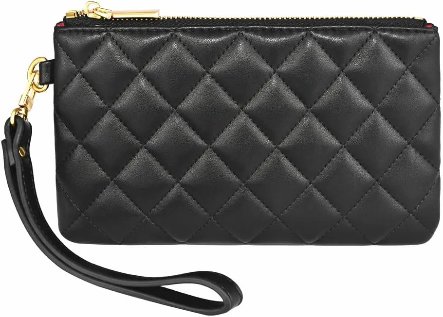 Premium Genuine Grain Leather Wristlet Pouch Zip Clutch Bag w. Card Slots Phone Purse w. Wrist Strap For Men Women