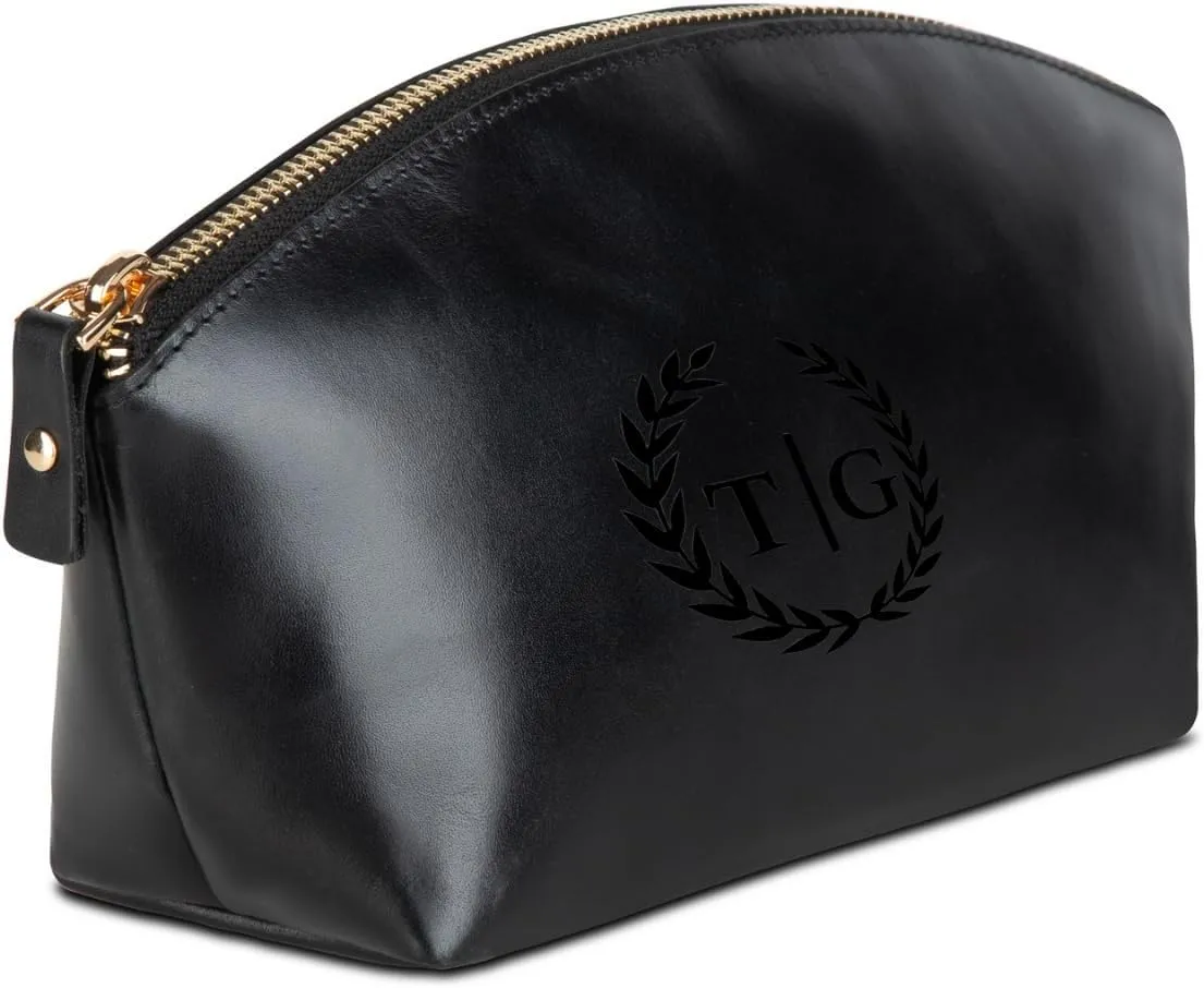 Premium Personalized Genuine Leather Cosmetic Makeup Bag - Wedding Gift for Bridesmaid, Travel Organizer Clutch for Women with Zipper Pouch for Toiletry Essentials (Avanza Black)
