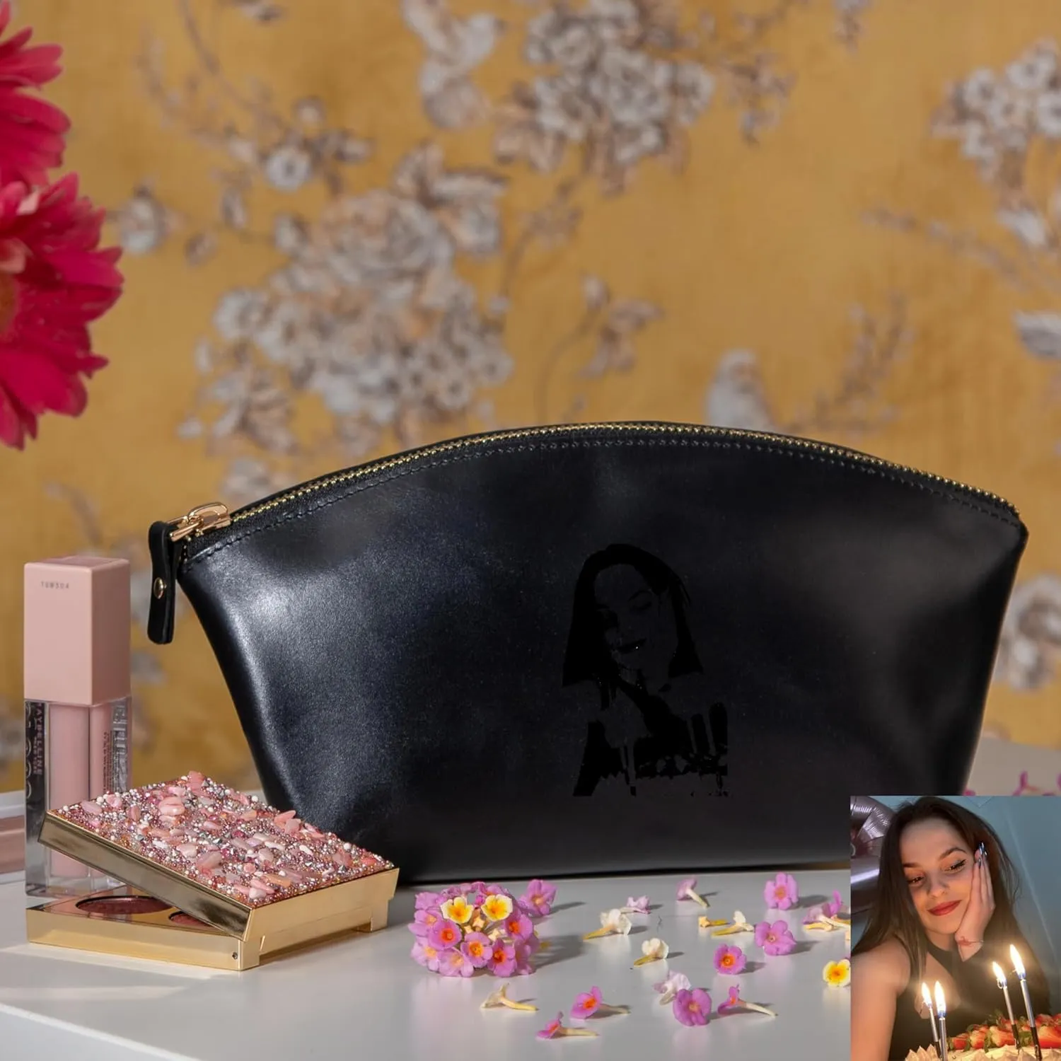Premium Personalized Genuine Leather Cosmetic Makeup Bag - Wedding Gift for Bridesmaid, Travel Organizer Clutch for Women with Zipper Pouch for Toiletry Essentials (Avanza Black)