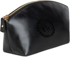 Premium Personalized Genuine Leather Cosmetic Makeup Bag - Wedding Gift for Bridesmaid, Travel Organizer Clutch for Women with Zipper Pouch for Toiletry Essentials (Avanza Black)