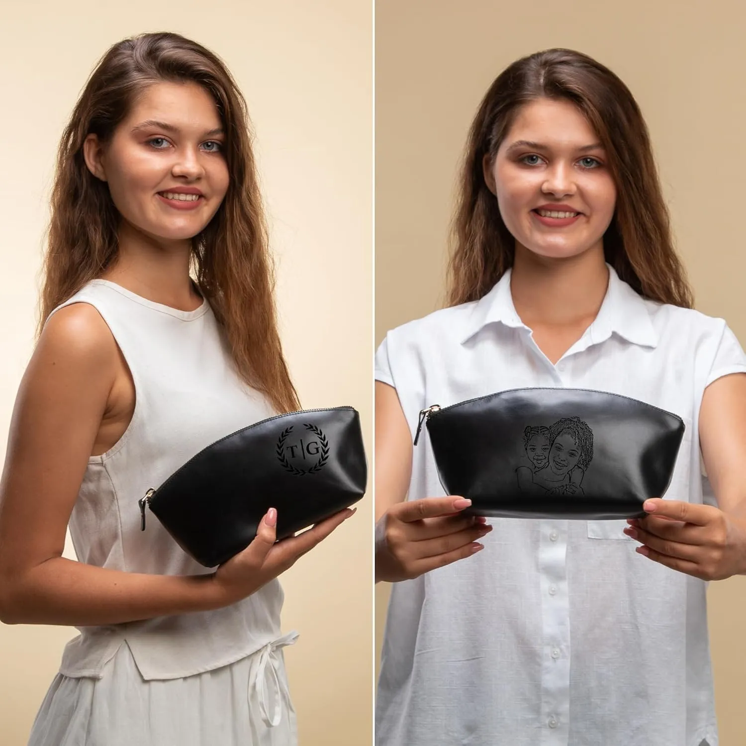 Premium Personalized Genuine Leather Cosmetic Makeup Bag - Wedding Gift for Bridesmaid, Travel Organizer Clutch for Women with Zipper Pouch for Toiletry Essentials (Avanza Black)
