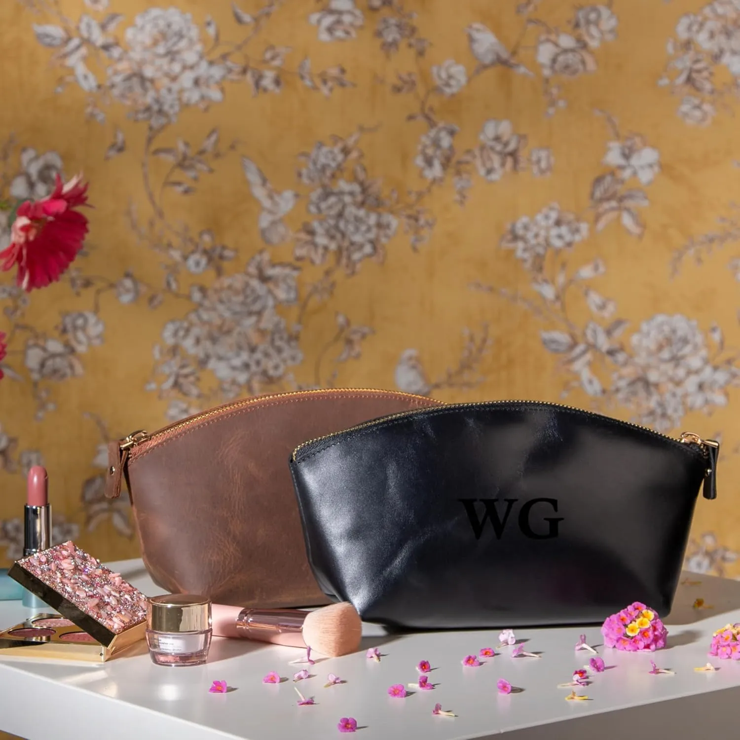 Premium Personalized Genuine Leather Cosmetic Makeup Bag - Wedding Gift for Bridesmaid, Travel Organizer Clutch for Women with Zipper Pouch for Toiletry Essentials (Avanza Black)